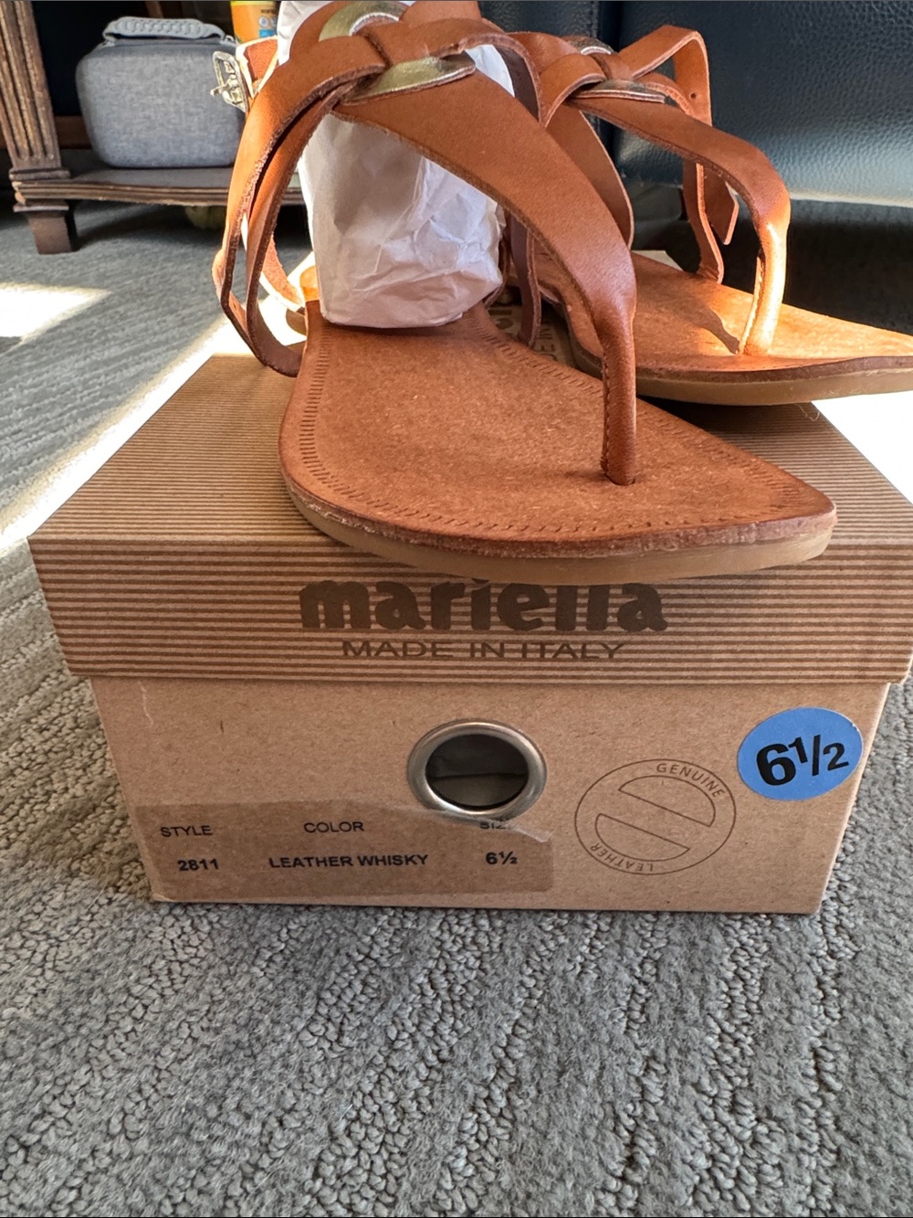 MARELLA Leather Whisky Brown Strappy Flat Sandals with Gold Accent size 6.5